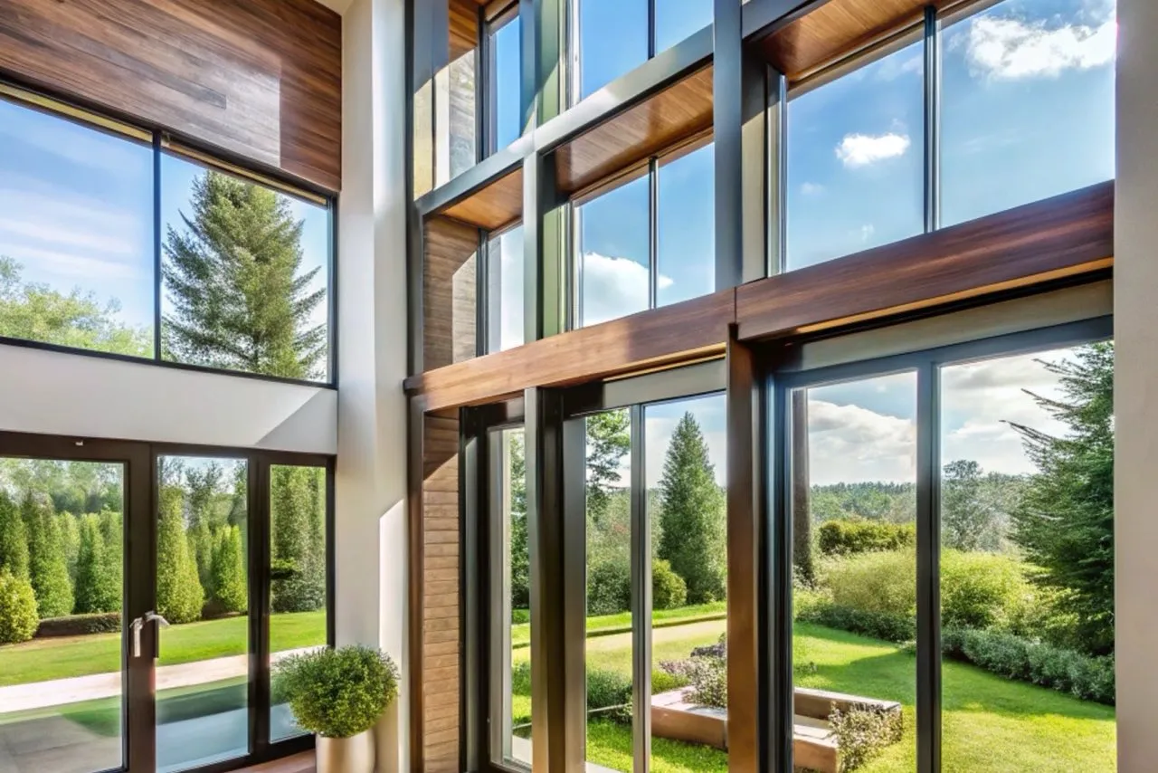 Heller Wohnraum mit raumhohen Holz-Aluminium-Fenstern und Blick in den Garten – Innenansicht mit sichtbarer Holzseite